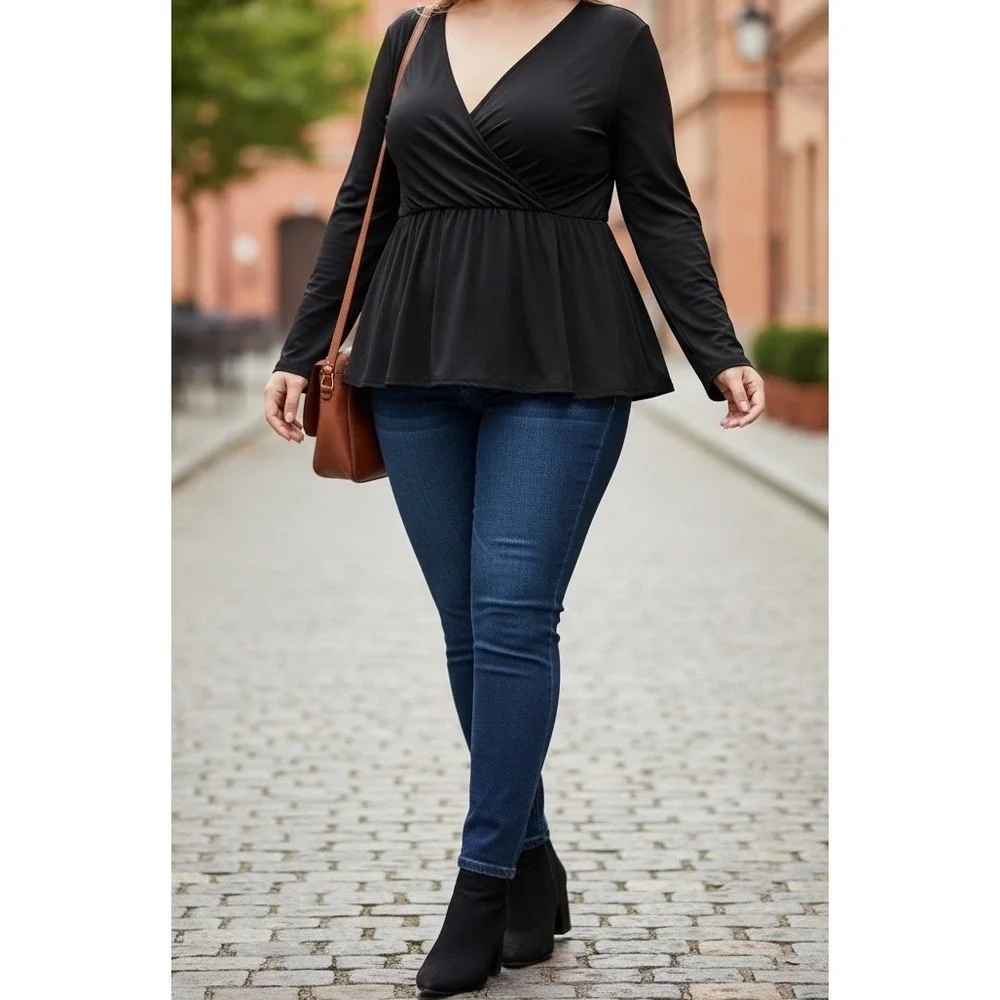 Lane Bryant Women's Peplum Wrap Top Black Long Sleeve Size 22/24 NWT